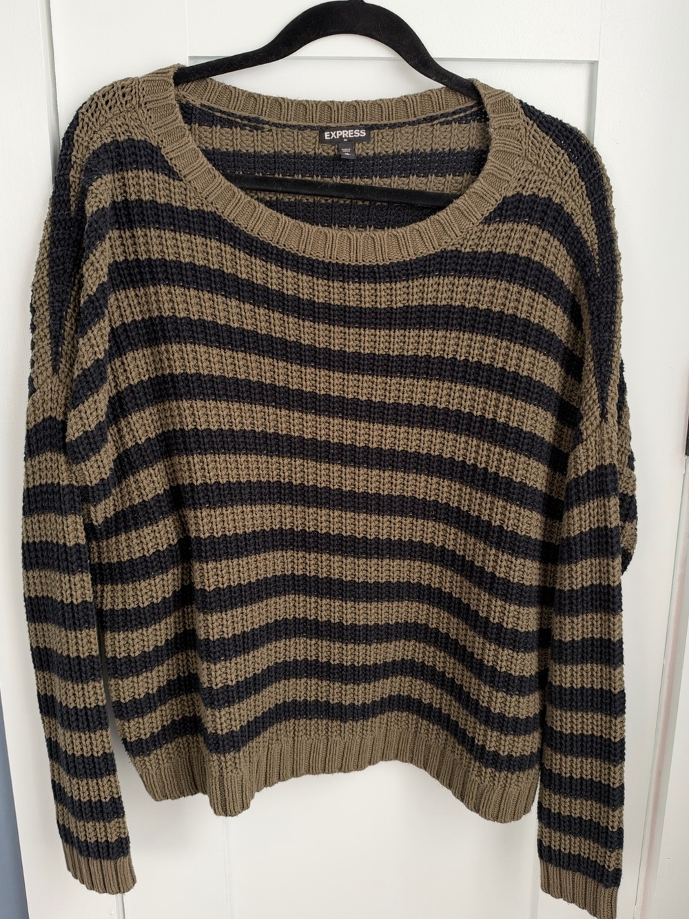 Express Striped Crewneck Sweater in Olive and Navy
